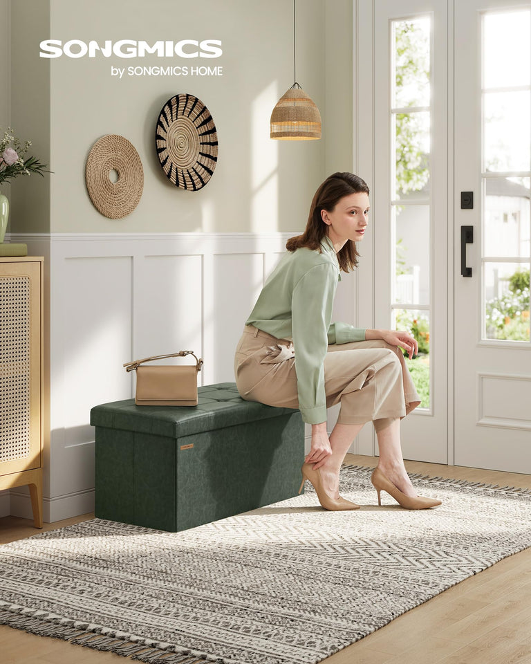 SONGMICS MAZIE Collection - 43 Inches Folding Storage Ottoman Bench, Ottoman with Storage, Foot Rest Stool, Load 660 lb, for Living Room, Synthetic Leather, Black ULSF701