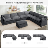 ROWHY 150'' Modular Sectional Sofa Cloud Couch, Corner Sofa Big Comfy Corduroy Oversized L Shaped Couch with 4 Pillows, Chaise, Ottoman, Deep Seat Couches for Living Room Office, Dark Grey