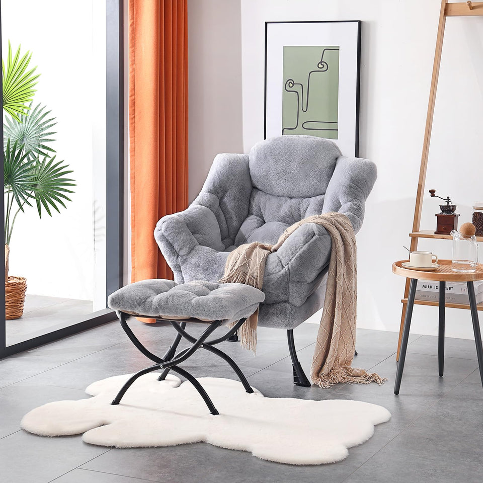 Welnow Lazy Chair with Ottoman, Modern Lounge Accent Chair with Armrests and a Side Pocket, Leisure Sofa Armchair, Reading Armchair with Footrest for Small Space, Dark Grey
