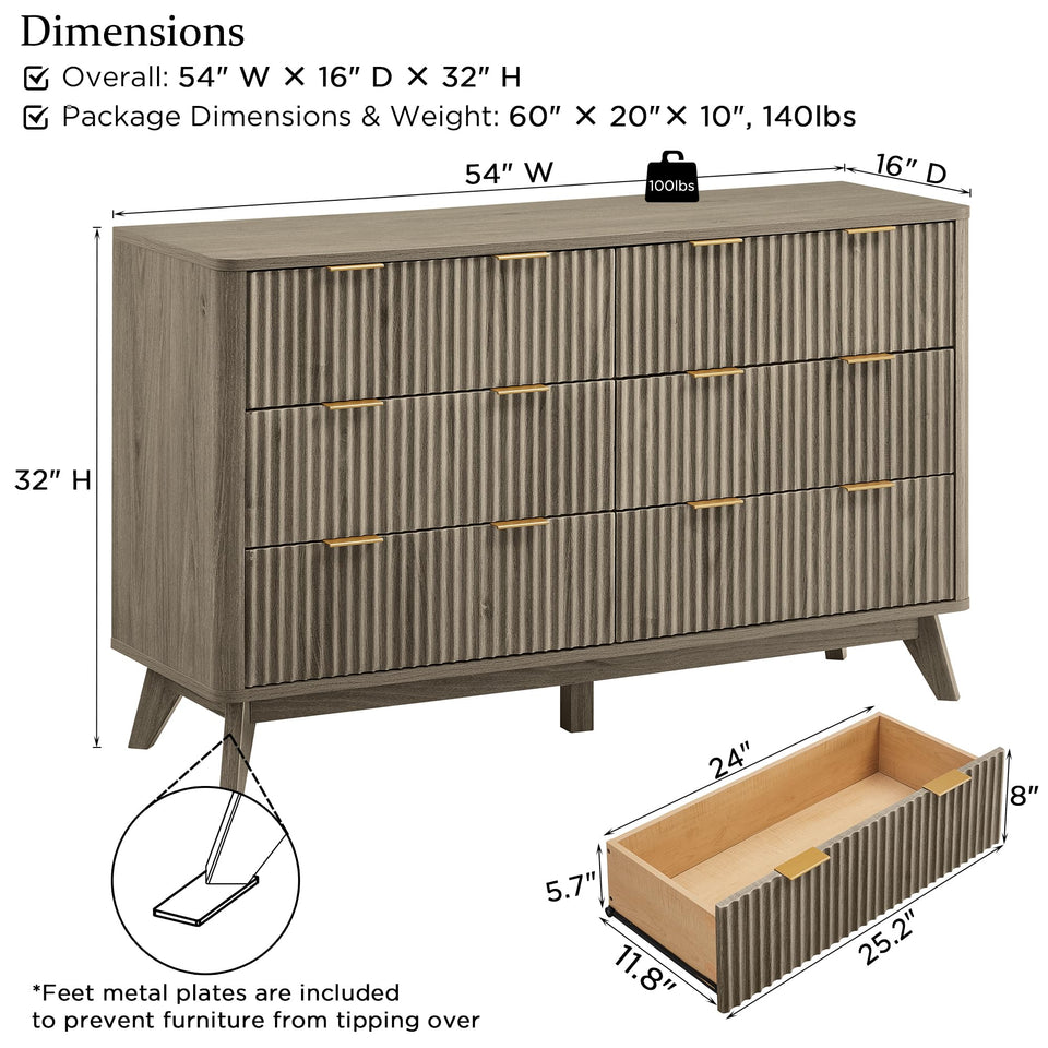 T4TREAM Fluted 7 Drawers Dresser, 54" Wide Modern Chest of Drawers with Faux Marble Top, Curved Profile Design, Dresser TV Stand, Wood Drawer Organizer for Bedroom, Living Room, Hallway, Natural Oak