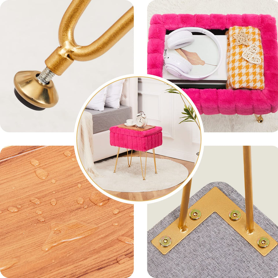 Wimarsbon Storage Ottoman, Vanity Stools with Metal Legs, 16.5" x 11.8" x 18" Modern Faux Mink Fur Footstool, Makeup Chair with Anti-Slip Feet, Accent Table,Footrest,Storage Bench for Bedroom