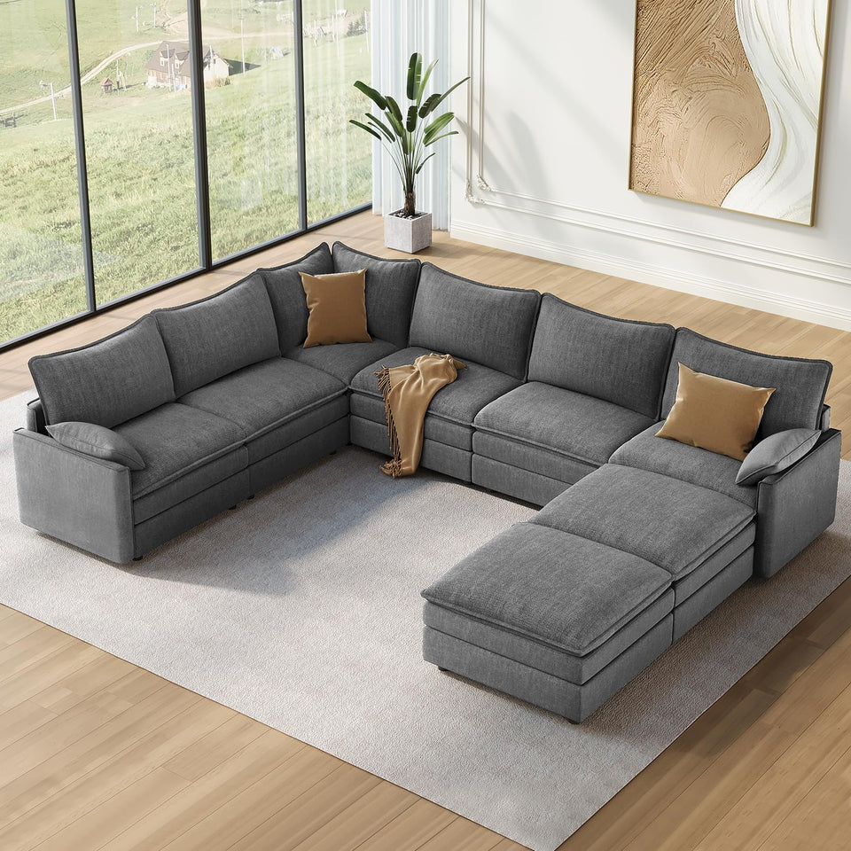 Vesgantti 142" U Shaped Sectional Couch, Comfy Cloud Modular Sectional Sofa with 2 Ottoman Deep Seat Chenille Modern Cloud Sofa, Modular Sofas for Living Room, Bedroom and Apartment, Beige