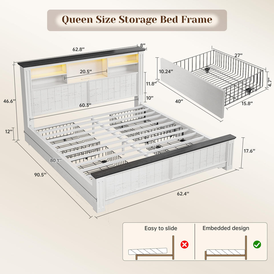 EnHomee King Size Bed Frame and Headboard & Storage, 4 Drawers and LED Built in Charging Station King Bed Frame with Storage Farmhouse,NO Noise,No Box Spring Needed,White