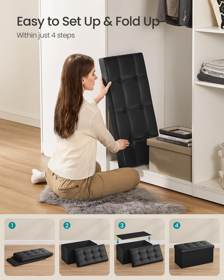 SONGMICS MAZIE Collection - 43 Inches Folding Storage Ottoman Bench, Ottoman with Storage, Foot Rest Stool, Load 660 lb, for Living Room, Synthetic Leather, Black ULSF701