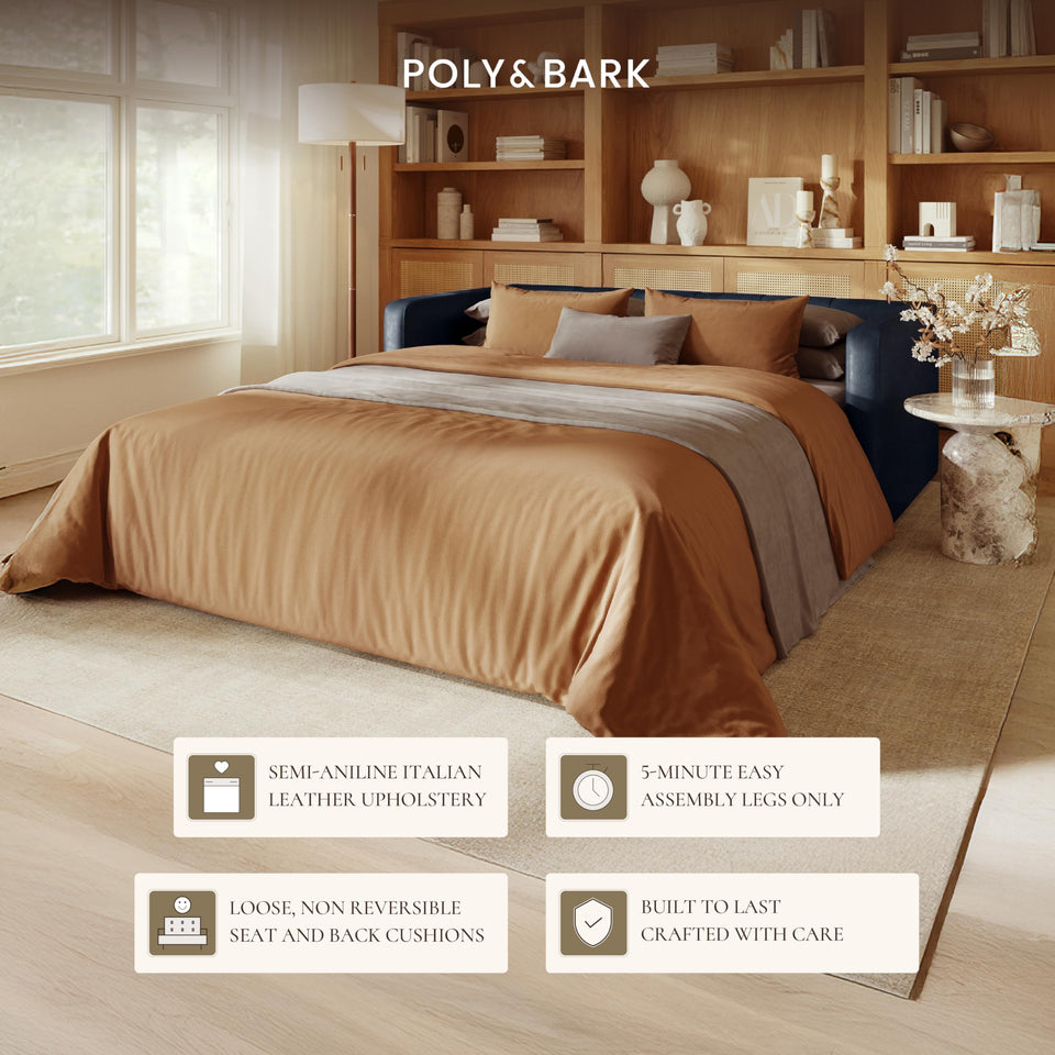 POLY & BARK Napa 72" Apartment Sofa – Italian-Tanned Full-Grain Pure-Aniline or Semi-Aniline Leather, Feather-Down Cushioning, Kiln-Dried Solid Wood Frame, Walnut Legs - Cognac Tan