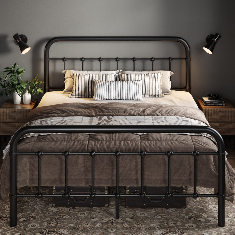 Allewie King Size Metal Platform Bed Frame with Victorian Style Wrought Iron-Art Headboard/Footboard, No Box Spring Required, Black