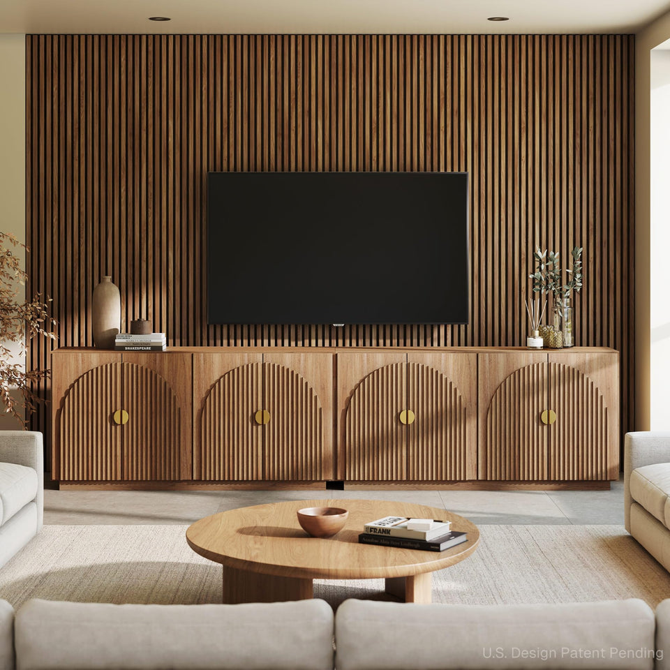 BELLEZE 65 Inch Fluted Buffet Cabinet with Storage, Symmetrical Arc Accent Sideboard Large Console Table for Dining Room, Kitchen, and Living Room (Caramel Brown)