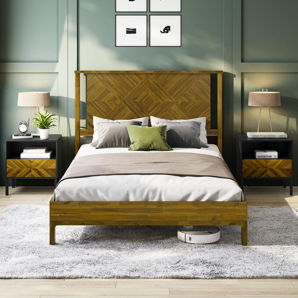 Bme Vivian 14 Inch Deluxe Bed Frame with Headboard, Rustic & Scandinavian Style with Solid Acacia Wood, No Box Spring Needed, 12 Strong Wood Slat Support, Easy Assembly, King, Rustic Golden Brown