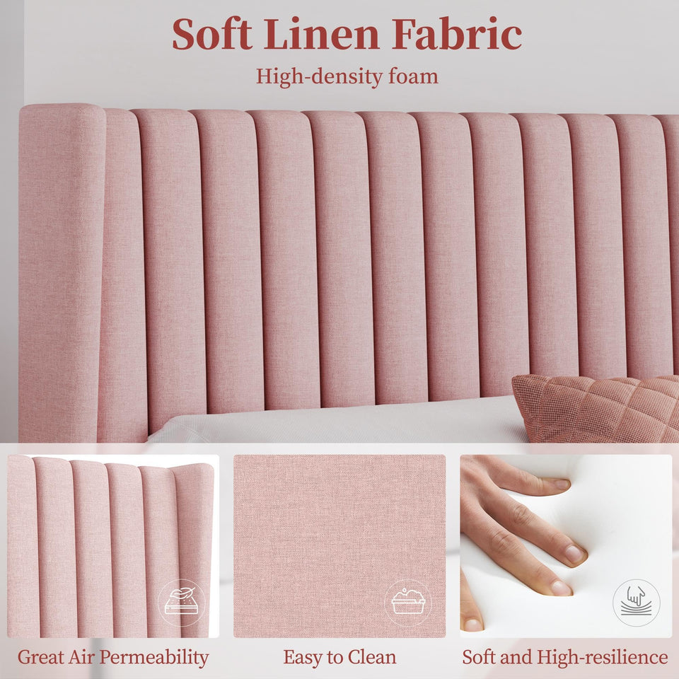 Yaheetech King Bed Frame Upholstered Platform Bed with Fabric Headboard, Wing Edge Design/Non-Slip and Noise-Free/Wooden Slats Support/No Box Spring Needed/Easy Assembly, Ivory King Bed