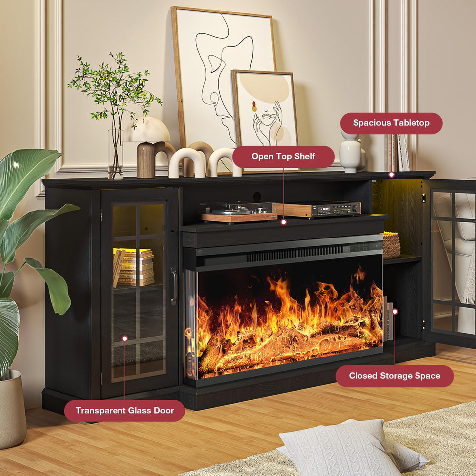 oneinmil 36 Inch 3-Sided Glass Fireplace TV Stand for TVs up to 80", Rustic Media Entertainment Center Console Table with Glass Door Closed Storage, Set of TV Table, White