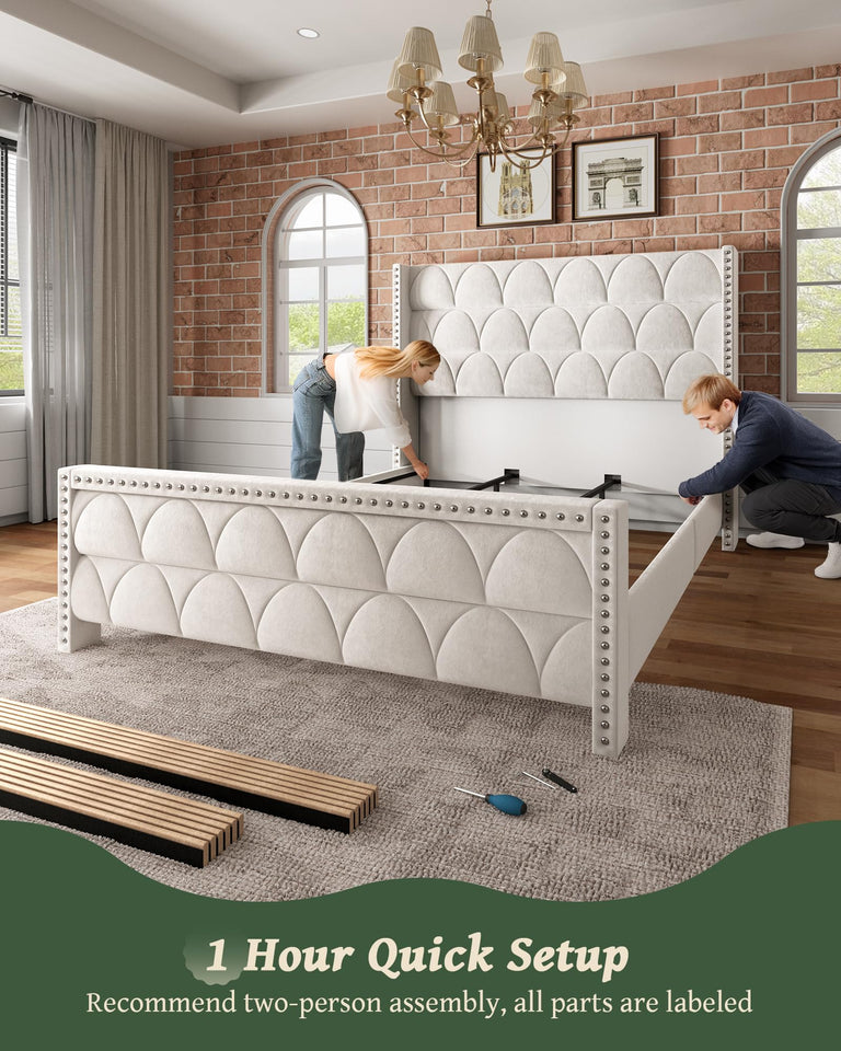 OHOHOLIVE King Size Bed Frame with 56" Headboard - 1000LBS Capacity Support, Velvet Upholstered Wingback Platform Bed Frame, Noise Free, Sturdy Wooden Slat Support