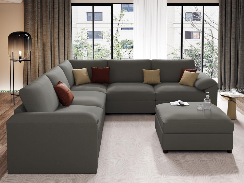 EASE MOOSE Leather Sectional Couch, Oversized Modular Sectional Sofas, Wide Deep Seat Modular Couch, Scratch Resistant Faux Leather Material, L Shaped Sofa for Big Spaces,Beige