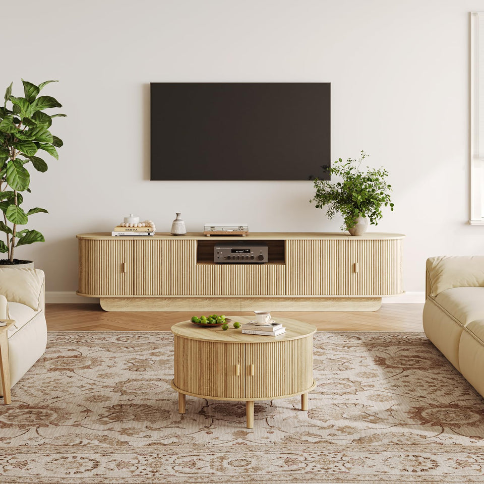 UKAOCAI 86.61'' Tambour TV Stand for 55-85 Inch, Modern Entertainment Center with Large Storage Cabinet & Open Shelves, TV Console with Sliding Doors for Living Room, Bedroom, Natural