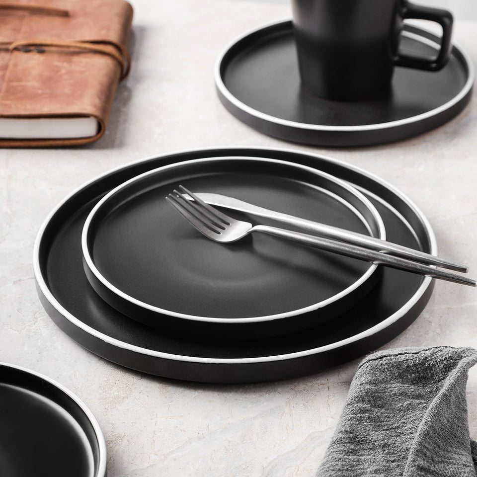 Stone Lain Celina Stoneware 32 Piece Dinnerware Set, Plates and Bowls, Black Matte Dish Collection, Service for 8 – Contemporary Minimalist Style, Microwave & Dishwasher Safe
