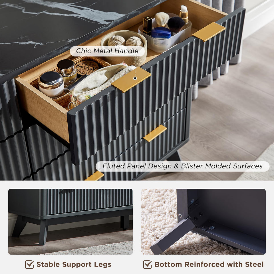 T4TREAM Fluted 7 Drawers Dresser, 54" Wide Modern Chest of Drawers with Faux Marble Top, Curved Profile Design, Dresser TV Stand, Wood Drawer Organizer for Bedroom, Living Room, Hallway, Natural Oak