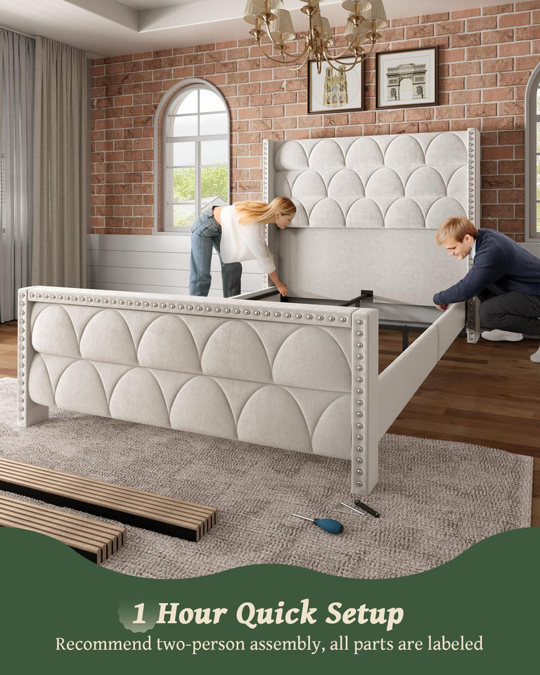 OHOHOLIVE King Size Bed Frame with 56" Headboard - 1000LBS Capacity Support, Velvet Upholstered Wingback Platform Bed Frame, Noise Free, Sturdy Wooden Slat Support