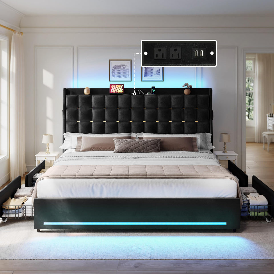 YITAHOME King Size Bed Frame with 4 Drawers and RGB LED Lights, Velvet Upholstered Platform Bed with Charging Station and Storage Headboard, No Box Spring Needed, Easy Assembly, Noise-Free, Black