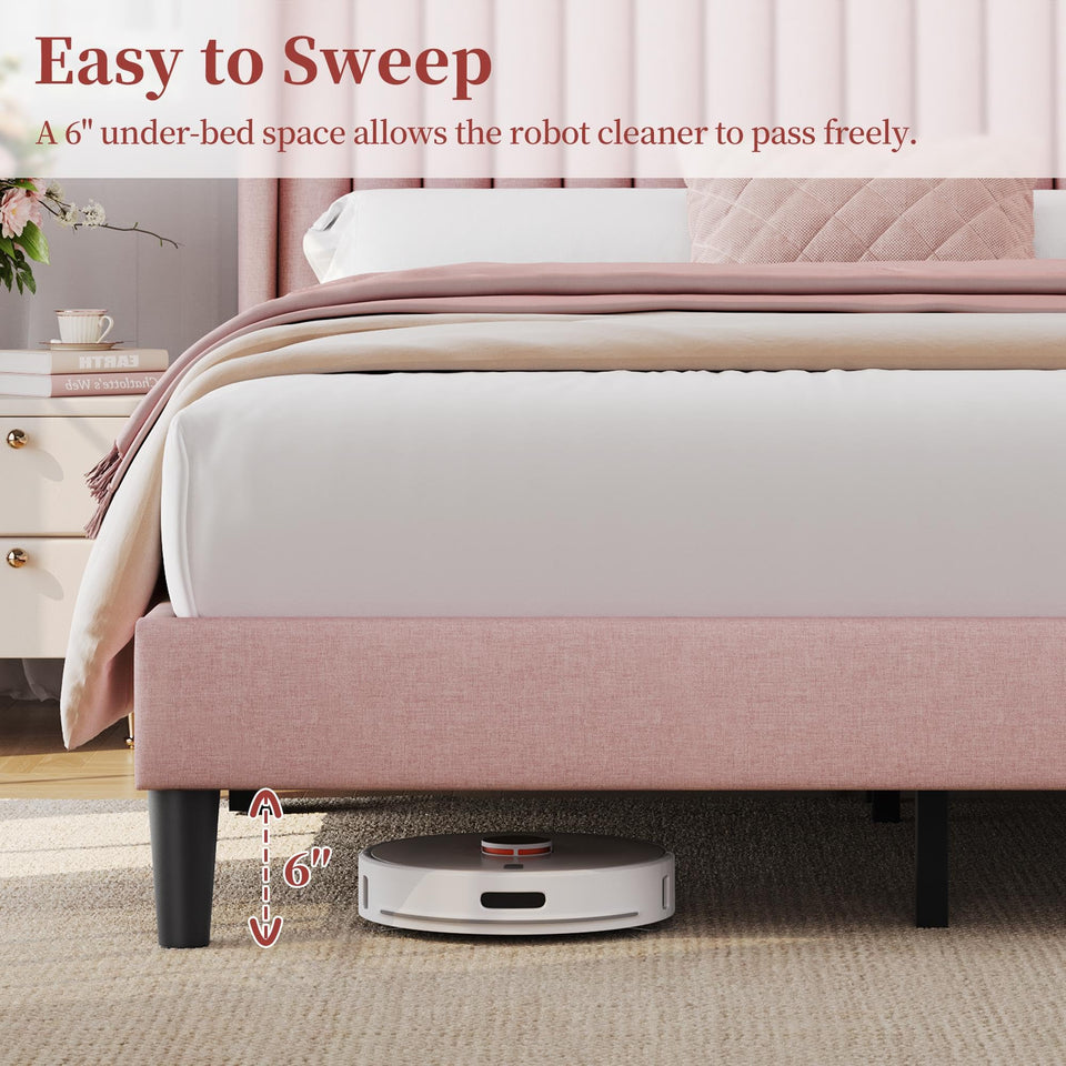 Yaheetech King Bed Frame Upholstered Platform Bed with Fabric Headboard, Wing Edge Design/Non-Slip and Noise-Free/Wooden Slats Support/No Box Spring Needed/Easy Assembly, Ivory King Bed