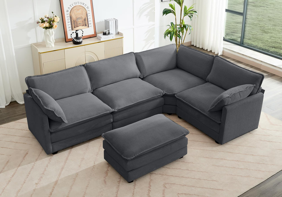 ROWHY 150'' Modular Sectional Sofa Cloud Couch, Corner Sofa Big Comfy Corduroy Oversized L Shaped Couch with 4 Pillows, Chaise, Ottoman, Deep Seat Couches for Living Room Office, Dark Grey