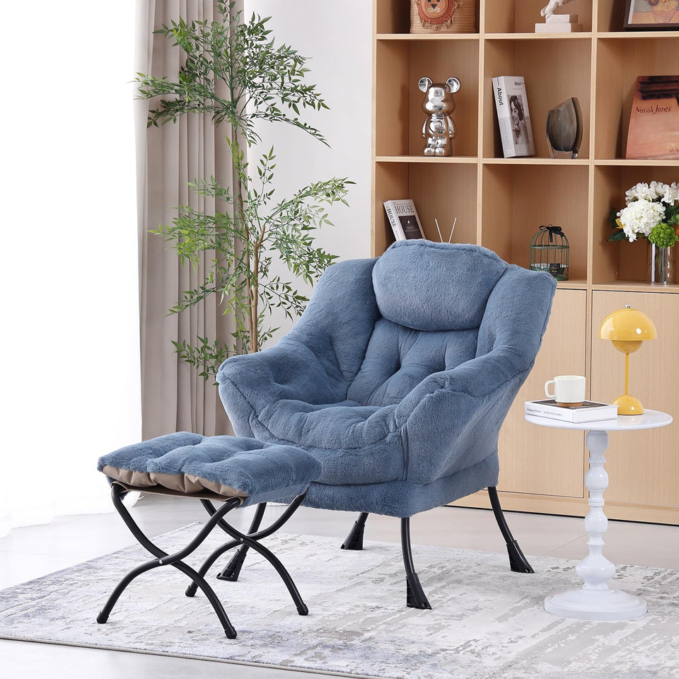 Welnow Lazy Chair with Ottoman, Modern Lounge Accent Chair with Armrests and a Side Pocket, Leisure Sofa Armchair, Reading Armchair with Footrest for Small Space, Dark Grey
