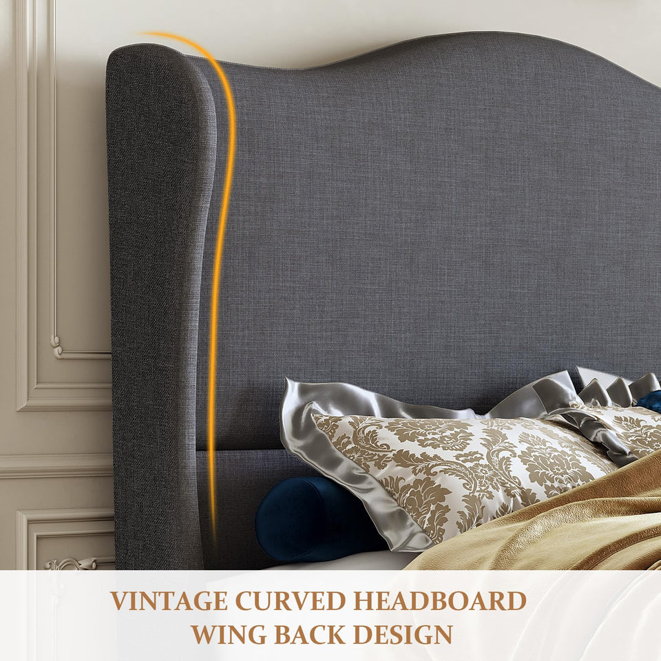 koorlian King Size Bed Frame Upholstered Platform Bed with 51" Tall Headboard Wingback, Soft Fabric, Retro Simple Style Platform Bed No Box Spring Needed, Easy Assembly, Beige