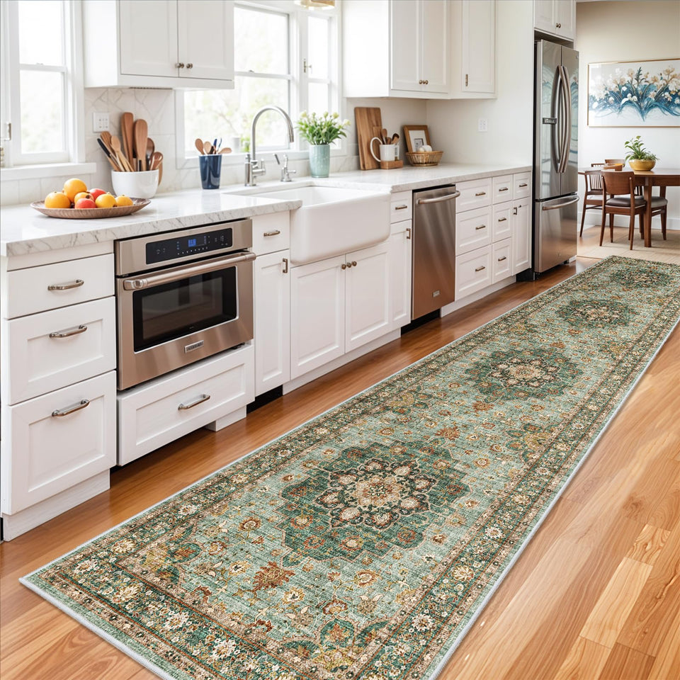 TOPRUUG Washable Oriental Area Rug - 12x15 Rugs for Living Room Soft Carpet for Bedroom Waterproof Floral Distressed Indoor Stain Resistant Non-Shedding Floor Carpets (Green, 12x15)