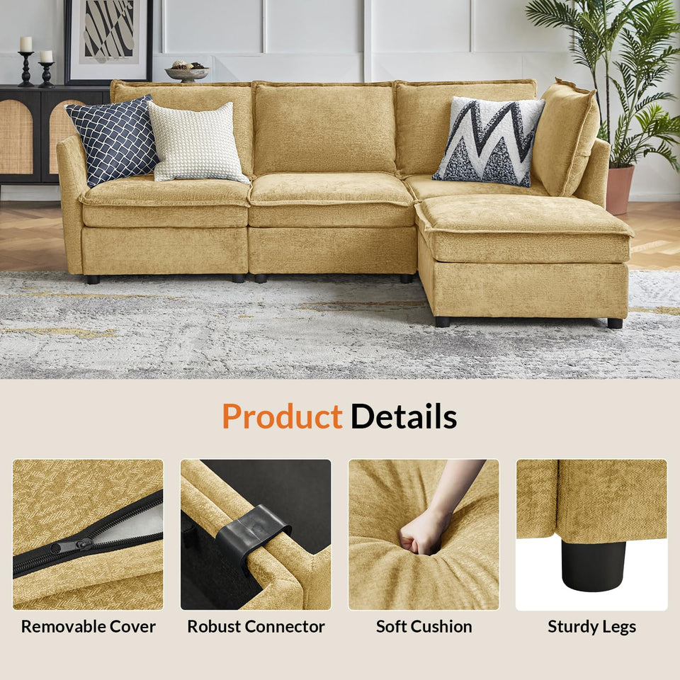 HULALA HOME 127'' Modular Sectional Sofa, Oversized U Shaped Couch with Storage Ottoman, Comfy Chenille Sofa with Deep Seat, 6 Seat Convertible Couches for Living Room, Beige