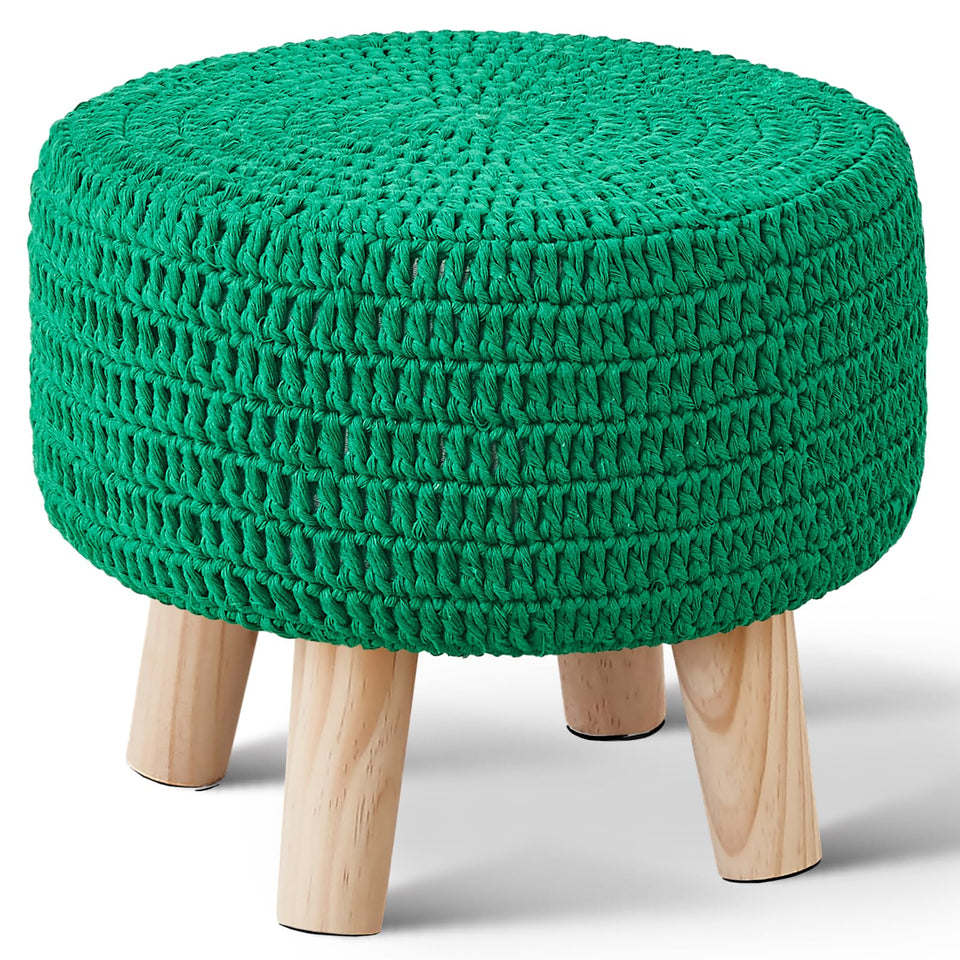 Wimarsbon Pouf Ottoman, 100% Cotton Knitted Boho Footstool, Round Footrest with Non-Skid Wood Legs, Home Décor Handmade Pouffe, Leisure Floor Step Stool for Living Room (Beige)