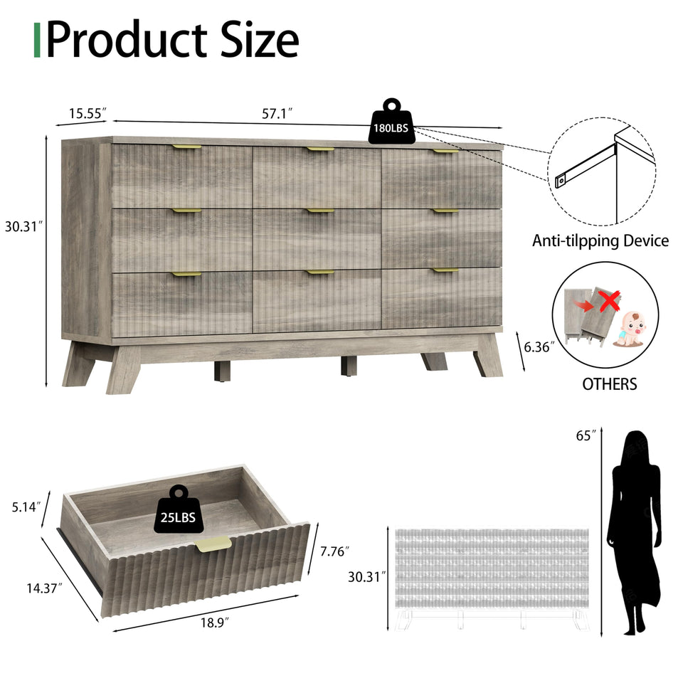 Fluted Dresser for Bedroom with 9 Drawers, 57" Wide Modern Chest of Drawers with Metal Handle, Wooden Dresser TV Stand, Wood Closet Clothes Storage Organizer for Living Room, Hallway, Natural Oak