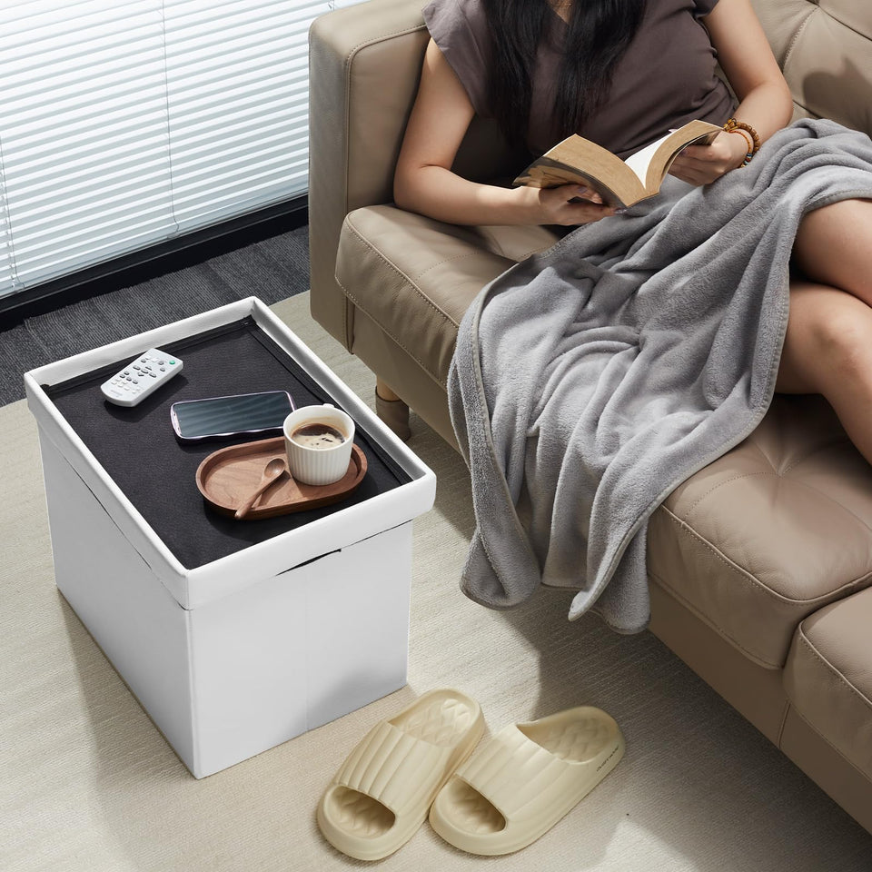 AmasSmile Storage Ottoman Folding Foot Rest Stool, Leather Footstool Bench, Short Ottoman Stool, Storage Foot Rest Store, Books (Black, 17" D x 13" W x 13" H)