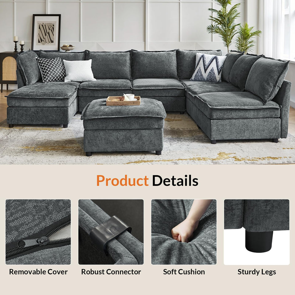 HULALA HOME 127'' Modular Sectional Sofa, Oversized U Shaped Couch with Storage Ottoman, Comfy Chenille Sofa with Deep Seat, 6 Seat Convertible Couches for Living Room, Beige