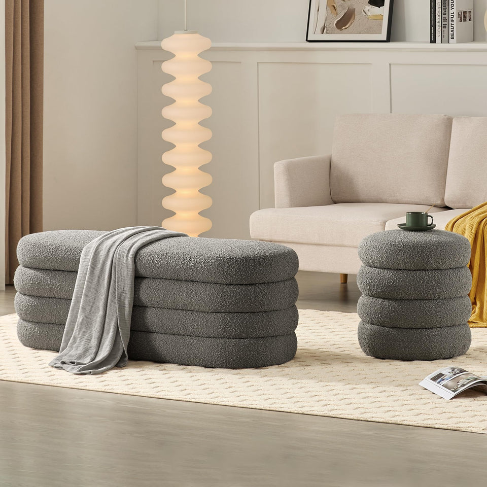 Busaurus Storage Ottoman Bench 49.2 Inch Upholstered Fabric Storage Bench for Bedroom End of Bed Aesthetic Large Oval Ottoman for Living Room Entryway (Ivory)