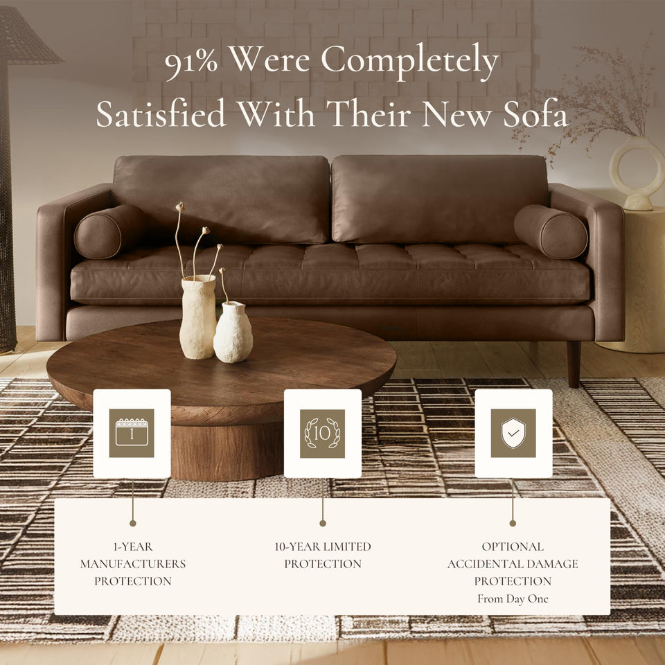 POLY & BARK Napa 72" Apartment Sofa – Italian-Tanned Full-Grain Pure-Aniline or Semi-Aniline Leather, Feather-Down Cushioning, Kiln-Dried Solid Wood Frame, Walnut Legs - Cognac Tan