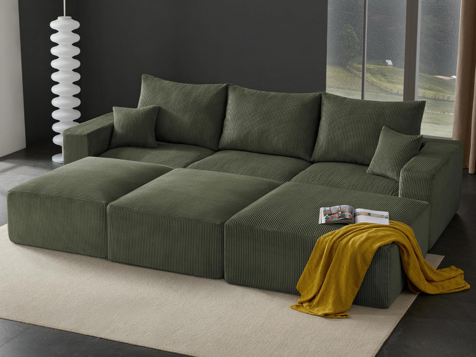 Boneless Sectional Cloud Couch Sofa for Living Room, 112" U-Shaped Modular Modern Lounge Sleeper Black Couches with Chaise, No Assemble, Cordury Compression Upholstered Sofas