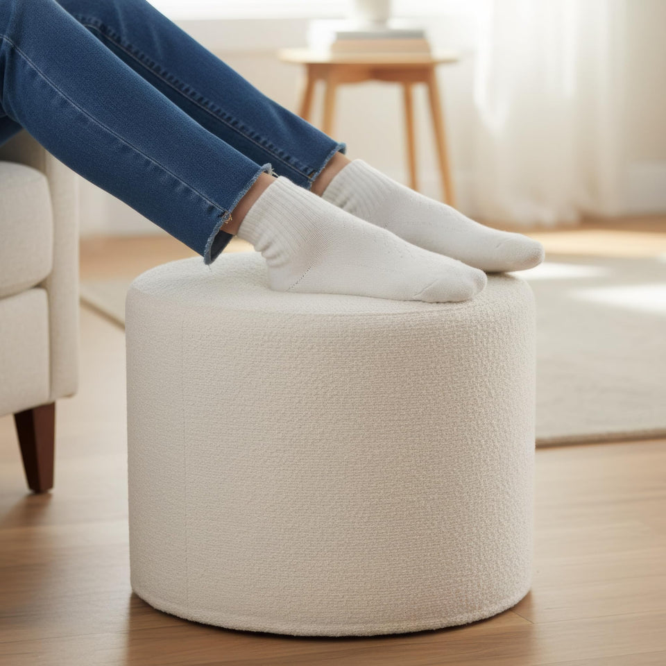 ZICOTO Beautiful Boucle Pouf Ottoman and Foot Rest - Elevate Your Living Room Decor with Lightweight Comfort and Charm - A Round Modern Foam Filled Foot Stool Perfect to Rest Your Feet