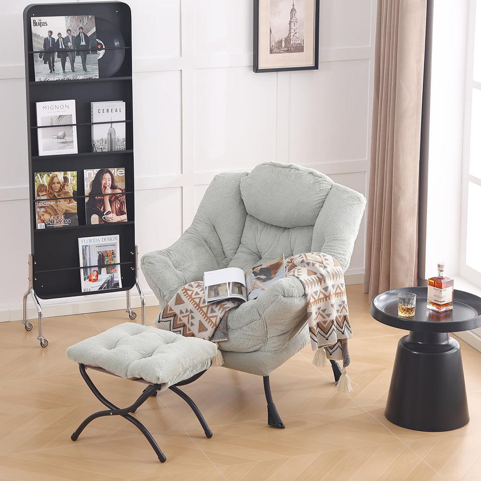 LITA Lazy Chair with Ottoman, Modern Accent Leisure Upholstered Lazy Sofa Armchair, Contemporary Lounge Reading Chair with Armrests and a Side Pocket for Living Room, Bedroom & Small Space, Dark Grey