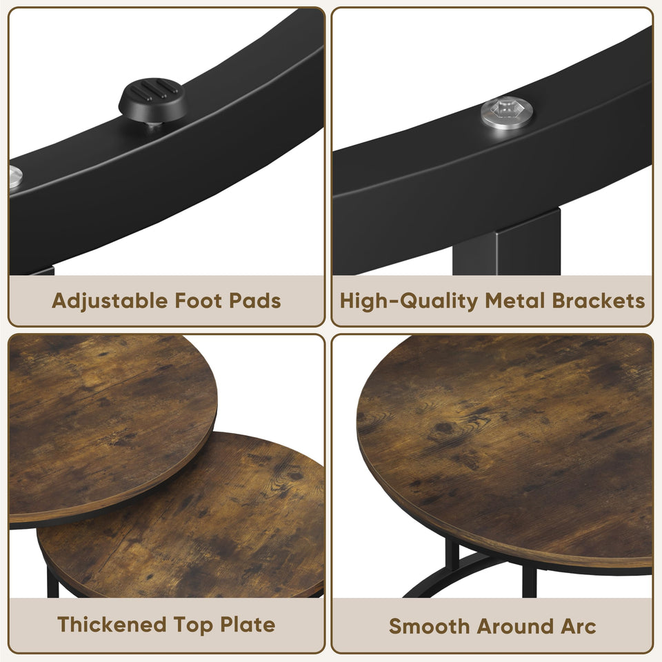 Smuxee Nesting Coffee Table Set of 2, 23.6" Round Coffee Table Wood Grain Top with Adjustable Non-Slip Feet, Industrial End Table Side Tables for Living Room Bedroom Balcony Yard