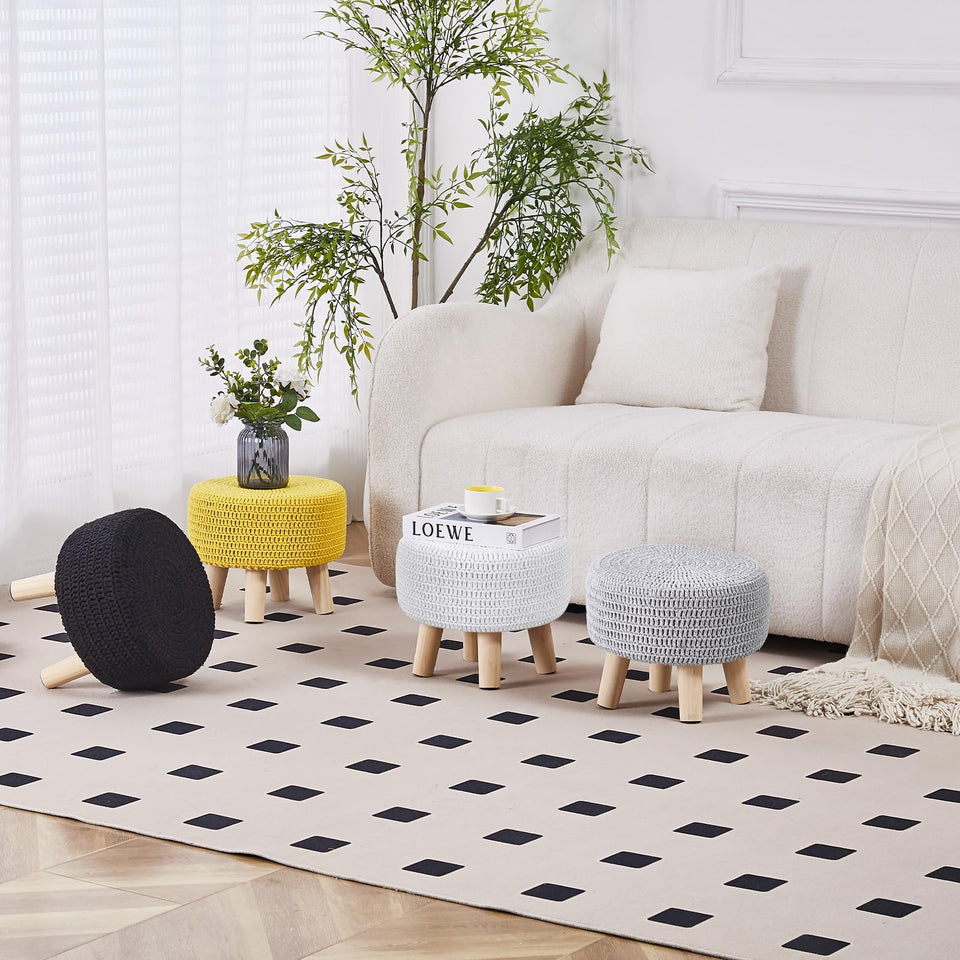 Wimarsbon Pouf Ottoman, 100% Cotton Knitted Boho Footstool, Round Footrest with Non-Skid Wood Legs, Home Décor Handmade Pouffe, Leisure Floor Step Stool for Living Room (Beige)