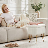 Sweetcrispy Vanity Stool Chair with Storage, Ottoman Faux Fur Soft Padded Makeup Footstools Seat with 4 Metal Legs Anti-Slip Adjustable Feet Modern Cute Small Footrest for Home Entryway Bedroom White
