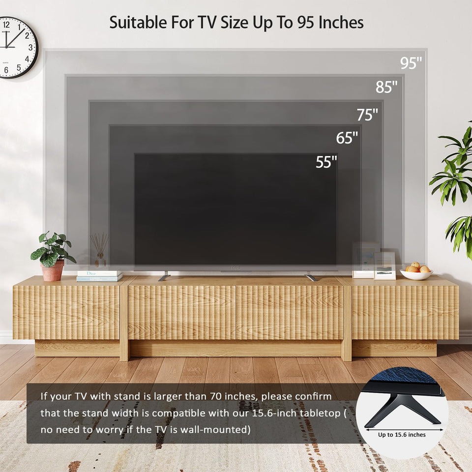 UKAOCAI 86.61'' Tambour TV Stand for 55-85 Inch, Modern Entertainment Center with Large Storage Cabinet & Open Shelves, TV Console with Sliding Doors for Living Room, Bedroom, Natural
