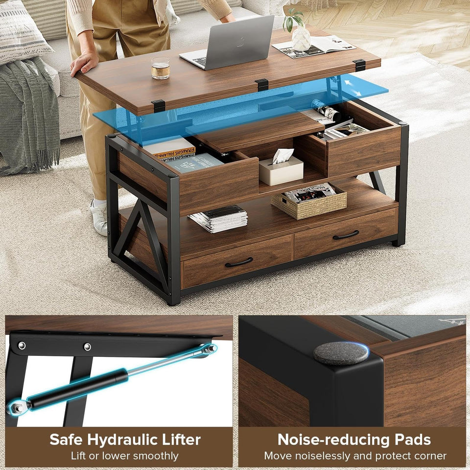 Memobarco 40" Lift Top Coffee Table,4 in 1 Multi-Function Lift Coffee Tables with Storage Drawers and Hidden Compartmen,Farmhouse Coffee Table with Lifting top for Living Room,Black