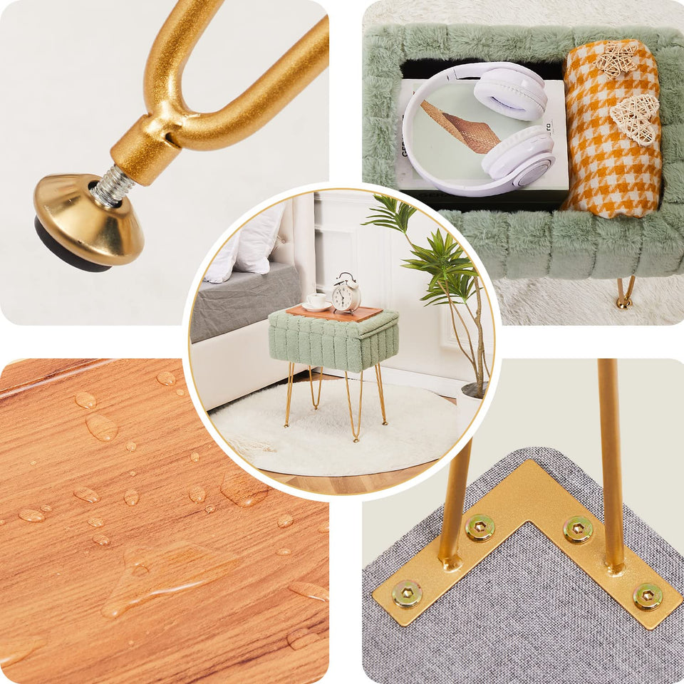 Wimarsbon Storage Ottoman, Vanity Stools with Metal Legs, 16.5" x 11.8" x 18" Modern Faux Mink Fur Footstool, Makeup Chair with Anti-Slip Feet, Accent Table,Footrest,Storage Bench for Bedroom