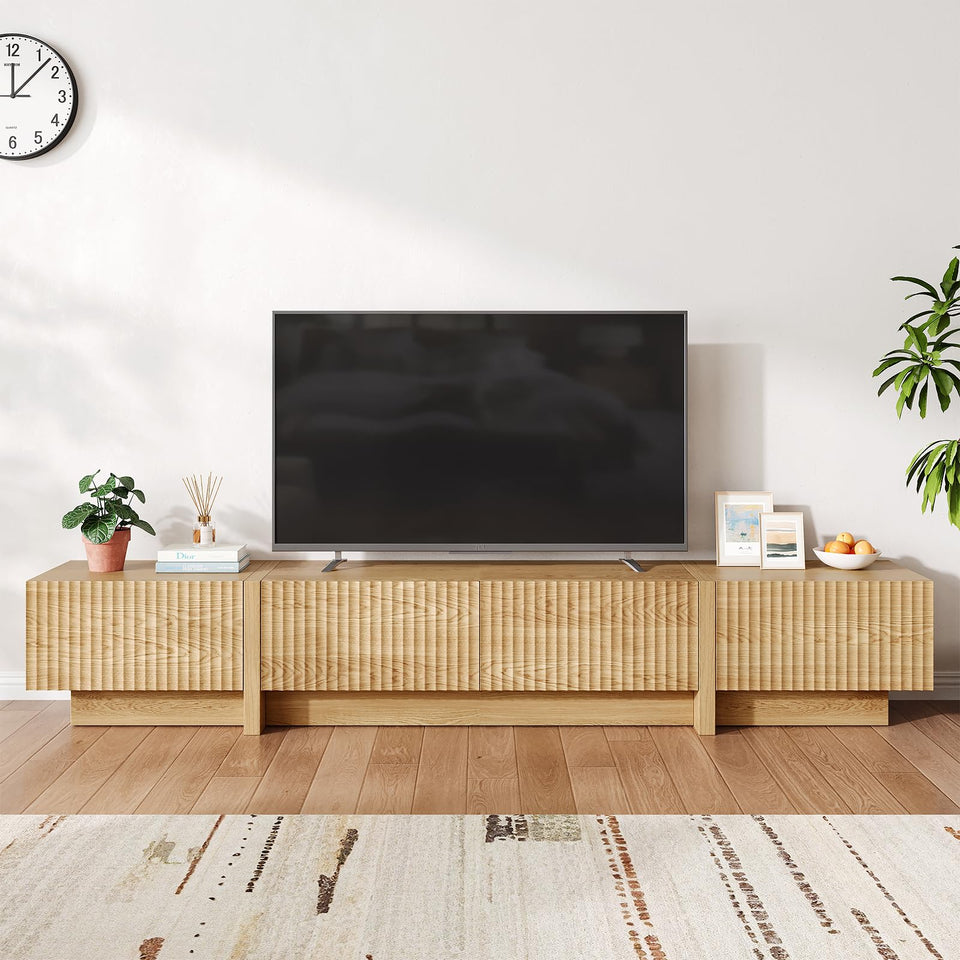 UKAOCAI 86.61'' Tambour TV Stand for 55-85 Inch, Modern Entertainment Center with Large Storage Cabinet & Open Shelves, TV Console with Sliding Doors for Living Room, Bedroom, Natural