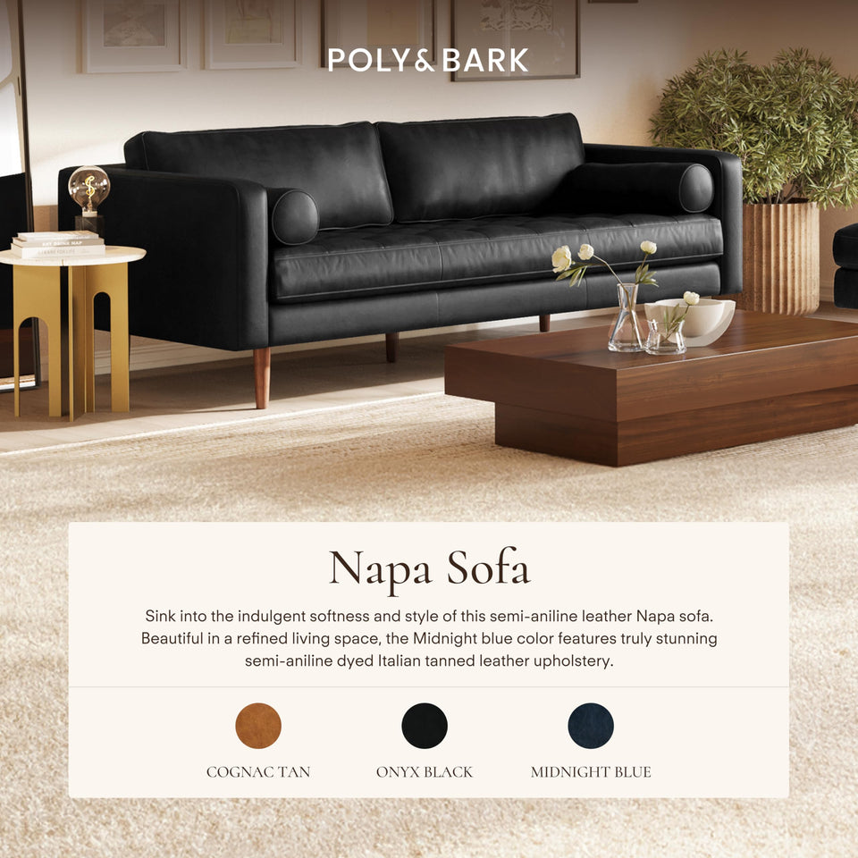 POLY & BARK Napa 72" Apartment Sofa – Italian-Tanned Full-Grain Pure-Aniline or Semi-Aniline Leather, Feather-Down Cushioning, Kiln-Dried Solid Wood Frame, Walnut Legs - Cognac Tan