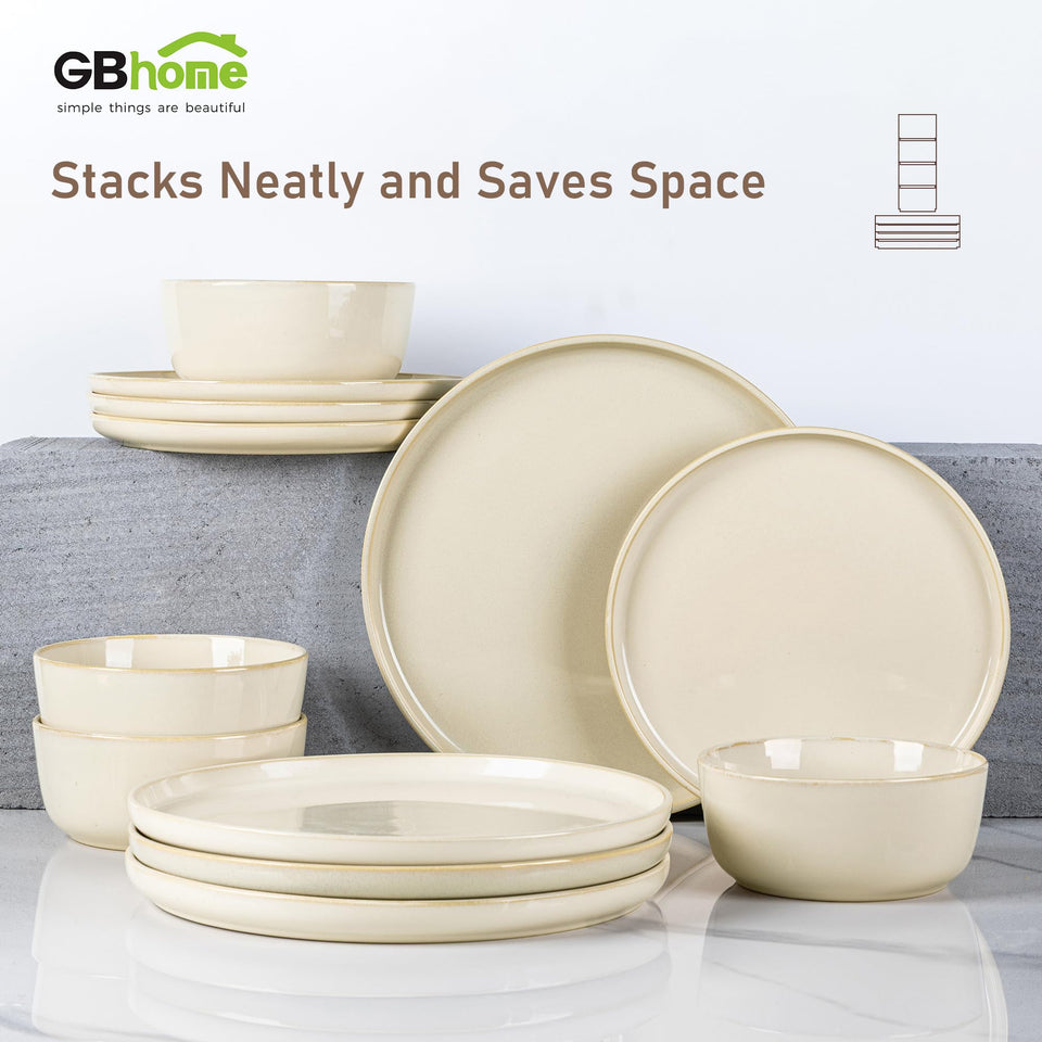 GBHOME Ceramic Dinnerware Sets for 8, 24 Pieces Stoneware Plates and Bowls Sets, Scratch Resistant Dishes, Dishwasher & Microwave Safe, Reactive Glaze-Green Wheat