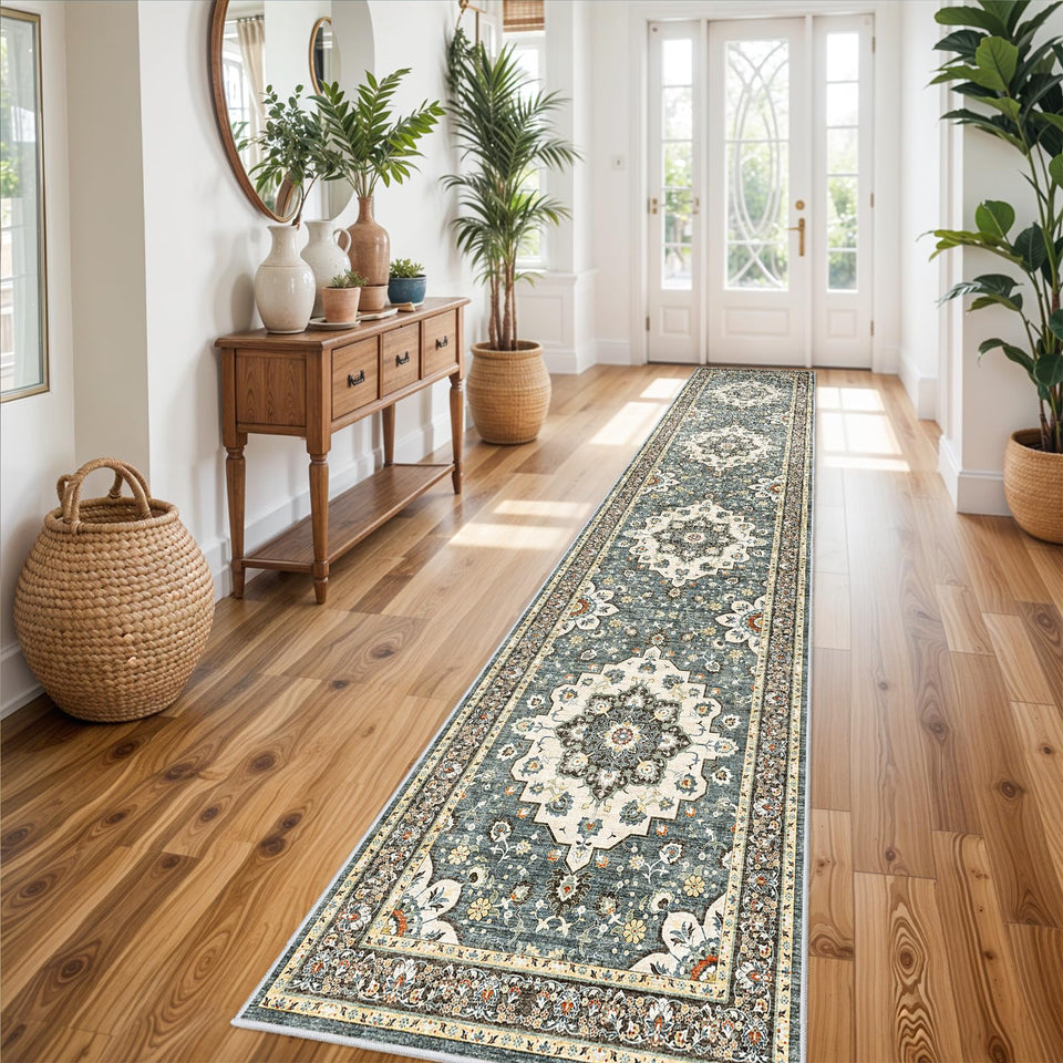 TOPRUUG Washable Oriental Area Rug - 12x15 Rugs for Living Room Soft Carpet for Bedroom Waterproof Floral Distressed Indoor Stain Resistant Non-Shedding Floor Carpets (Green, 12x15)
