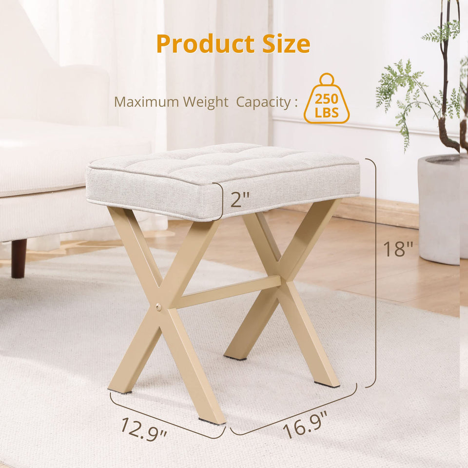 LUE BONA Square Linen Makeup Stool, Metal X Legs, Small Ottoman Stool Chair for Vanity, Modern Padded Seat Foot Rest for Makeup Room, Bathroom