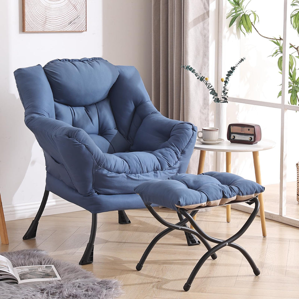 Welnow Lazy Chair with Ottoman, Modern Lounge Accent Chair with Armrests and a Side Pocket, Leisure Sofa Armchair, Reading Armchair with Footrest for Small Space, Dark Grey
