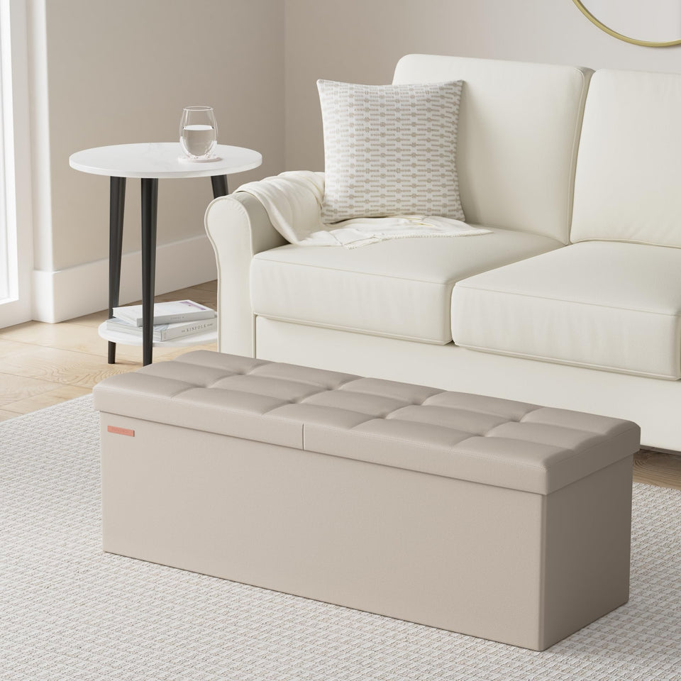 SONGMICS MAZIE Collection - 30 Inches Storage Ottoman Bench with Flipping Lid, Storage Chest Footstool, Load 660 lb, for Entryway, Living Room, Bedroom, Synthetic Leather, Black ULSF45BK