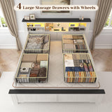 EnHomee King Size Bed Frame and Headboard & Storage, 4 Drawers and LED Built in Charging Station King Bed Frame with Storage Farmhouse,NO Noise,No Box Spring Needed,White